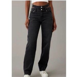 American Eagle SZ 4 LONG Baggy Straight Jeans Super High-Rise Distressed Black